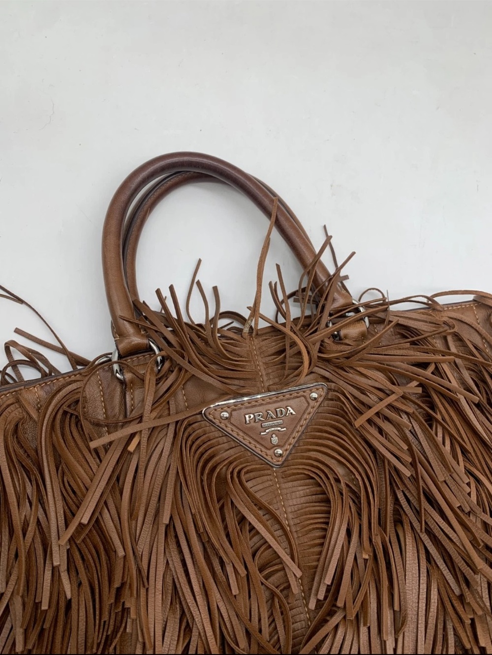 Prada large Brown Leather Fringe tote with Shoulder Strap studs - Picture 11 of 12